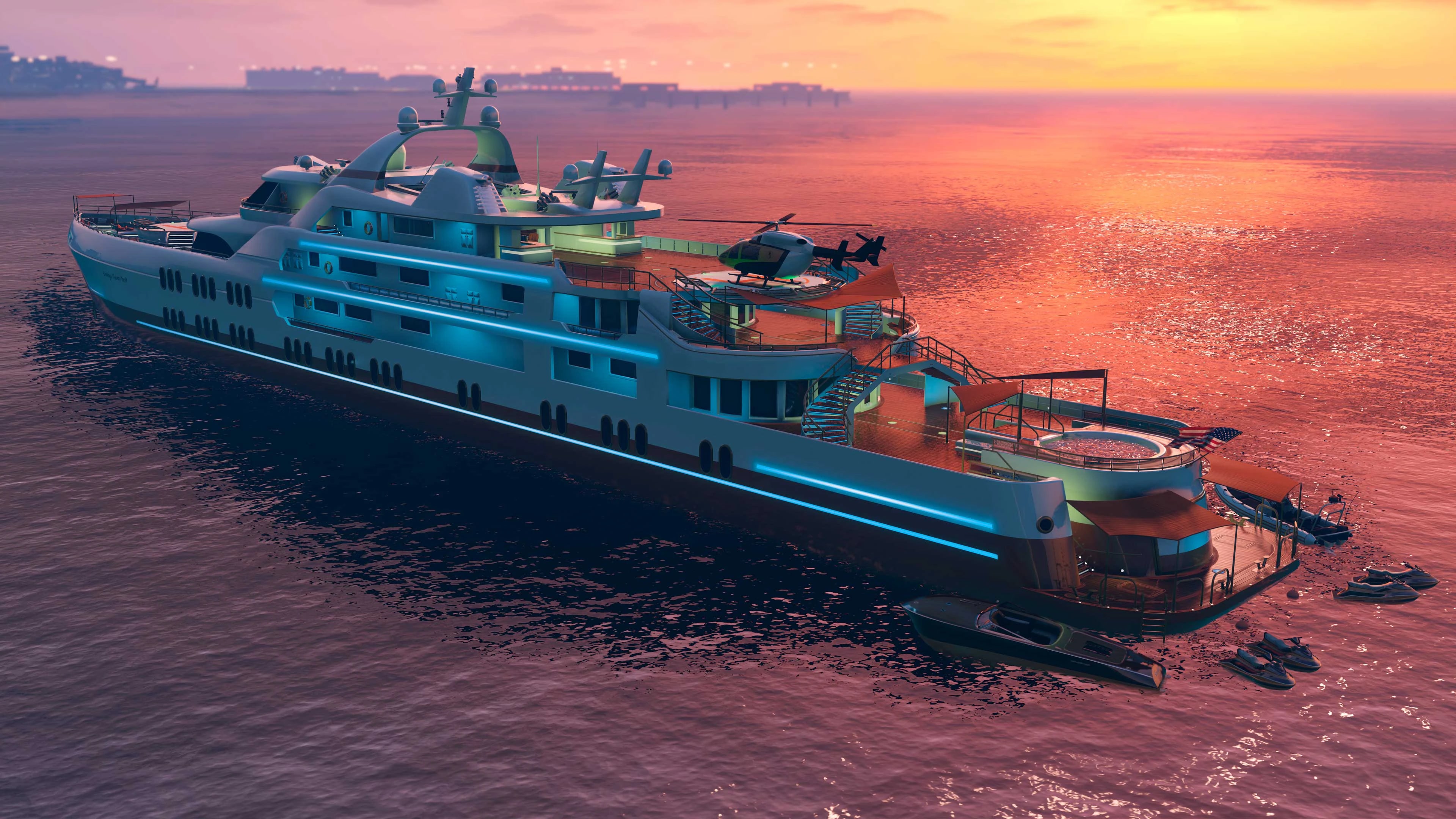 A fully equipped yacht crossing warm coastal waters at sunset