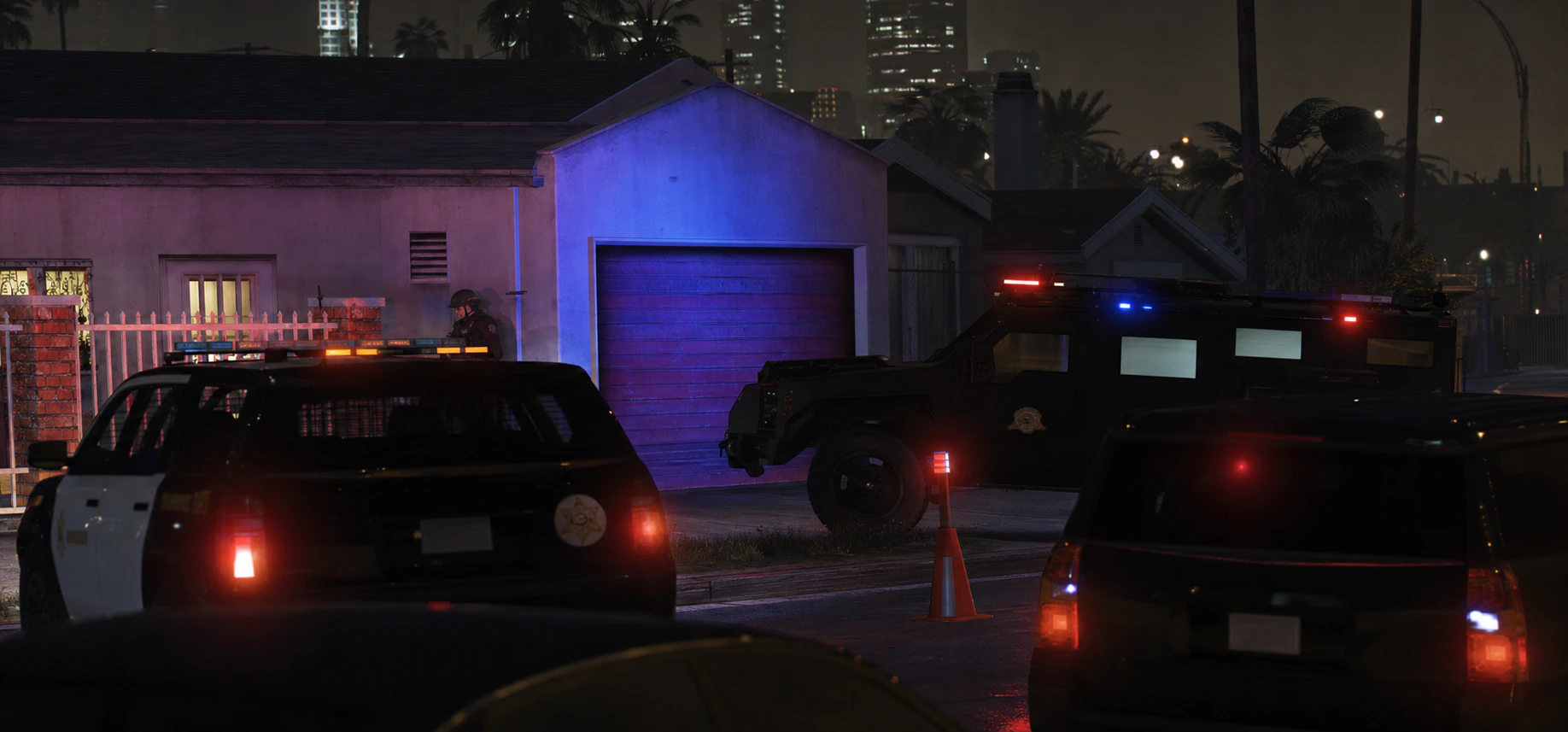 Editorial reconstruction of sheriff's vehicles outside a residence during the Brouge Avenue operation