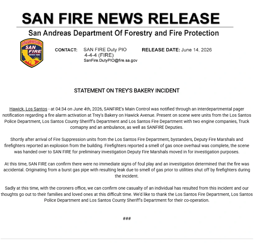 SAN FIRE's June 14 cause statement for the Trey's Bakery fire