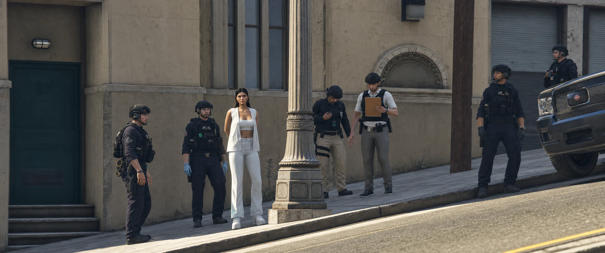 Editorial reconstruction of Zara Melikian standing with Los Santos police officers during her February 21 arrest