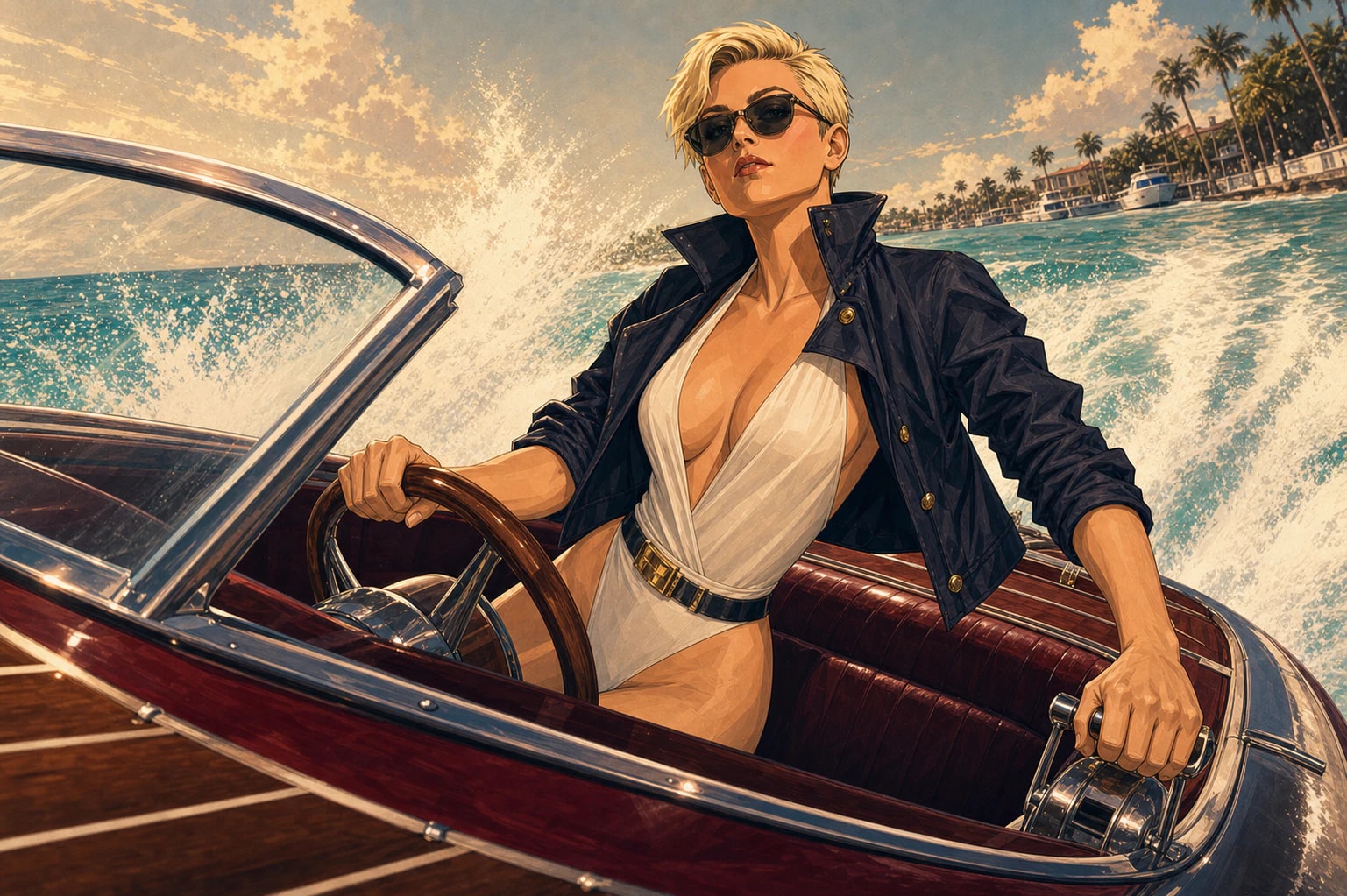 Roxanne Love piloting an oxblood speedboat through a hard coastal turn