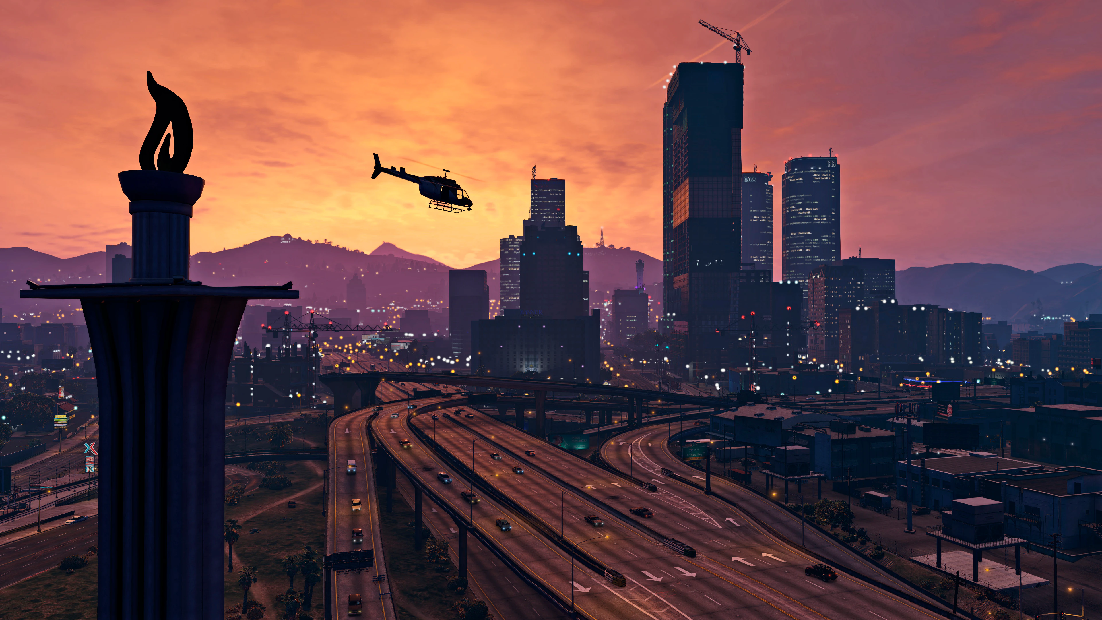 A camera helicopter crossing downtown Los Santos during a Palisade location unit