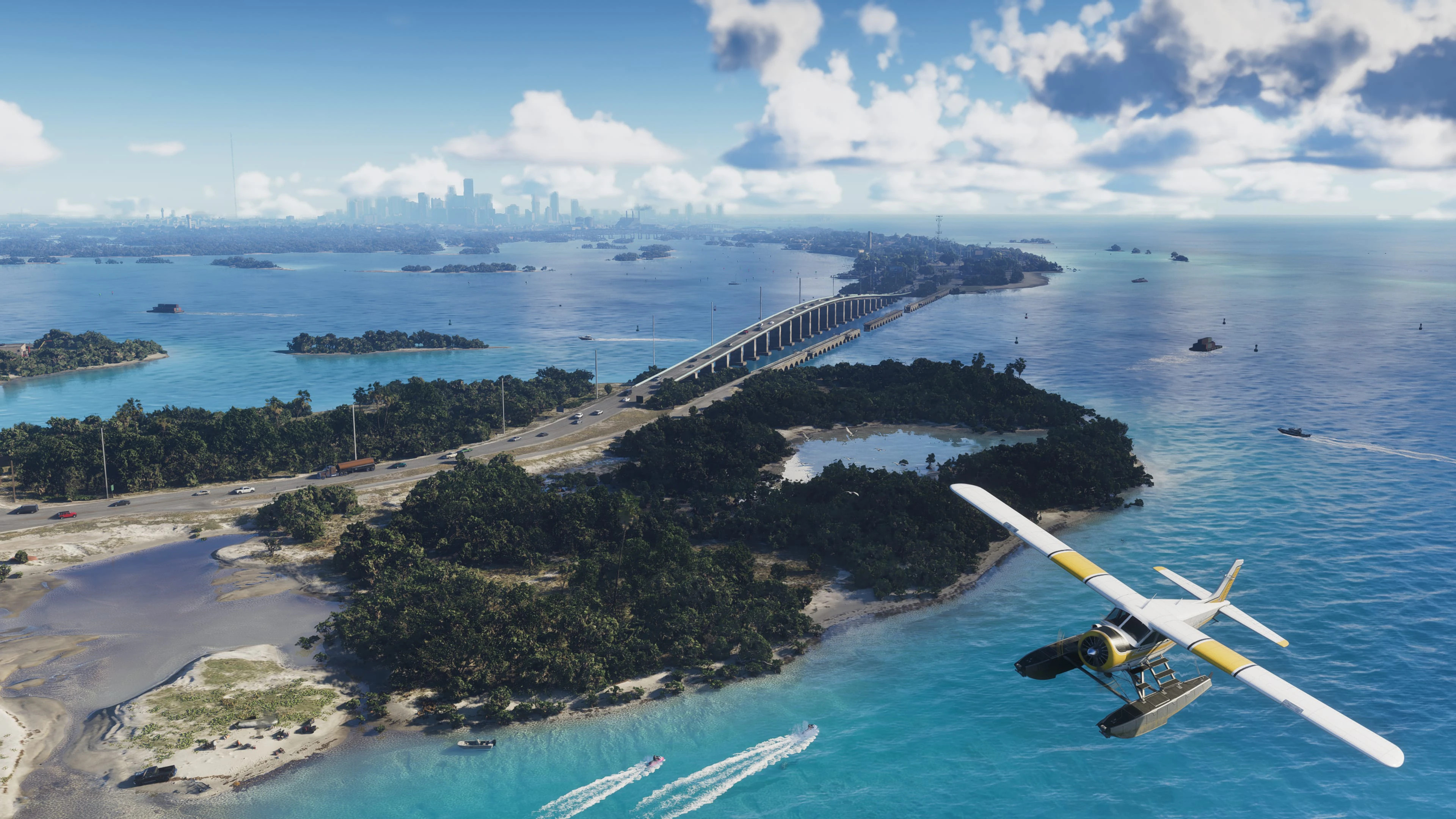 A private aircraft crossing the Leonida Keys toward the city