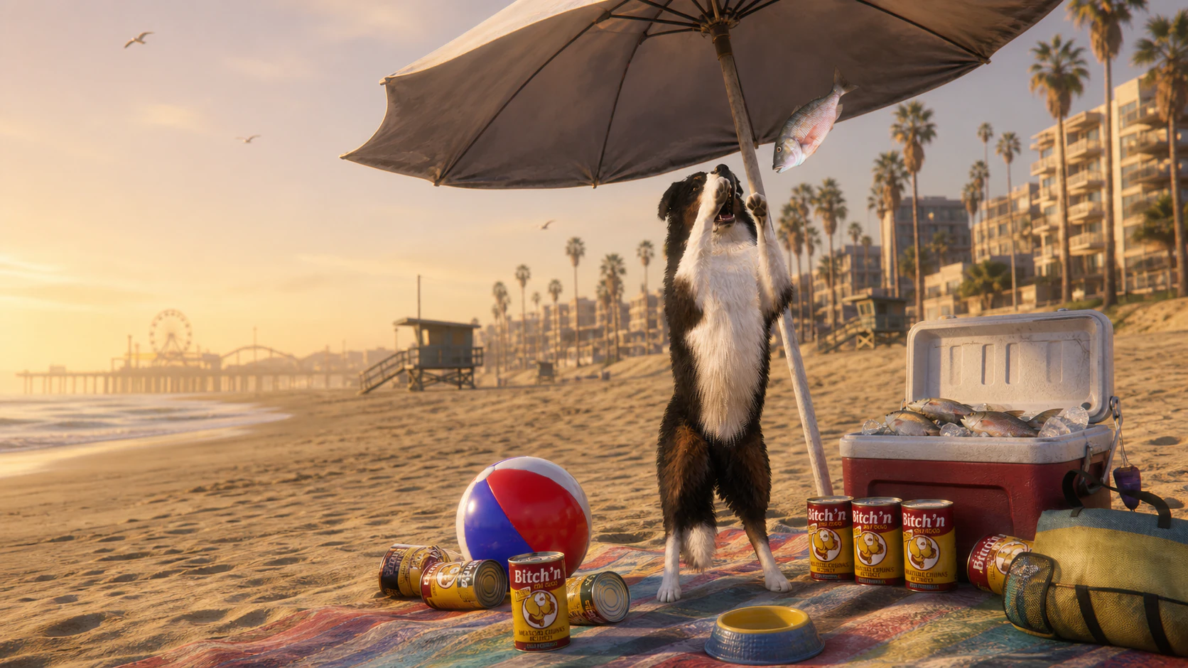 A Border Collie leaping for a fish beside Bitch'N Dog Food cans, a beach ball, umbrella, and picnic cooler on a Los Santos beach