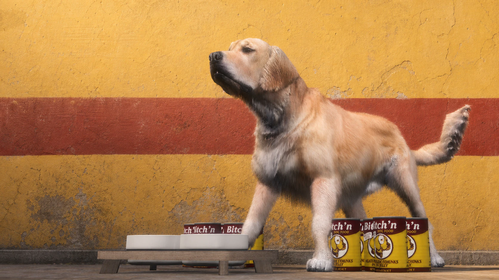 A golden retriever standing over bowls and cans of Bitch'N Dog Food against a mustard and red studio wall
