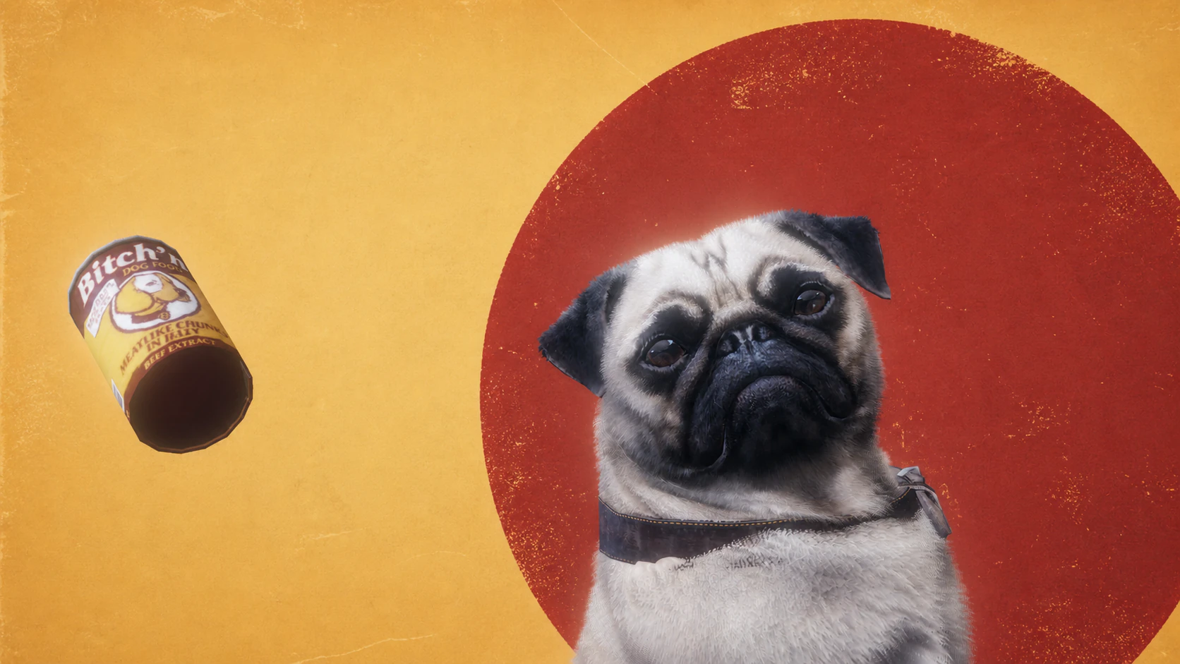 A close-up Pug and a can of Bitch'N Dog Food on a bold mustard and red campaign backdrop