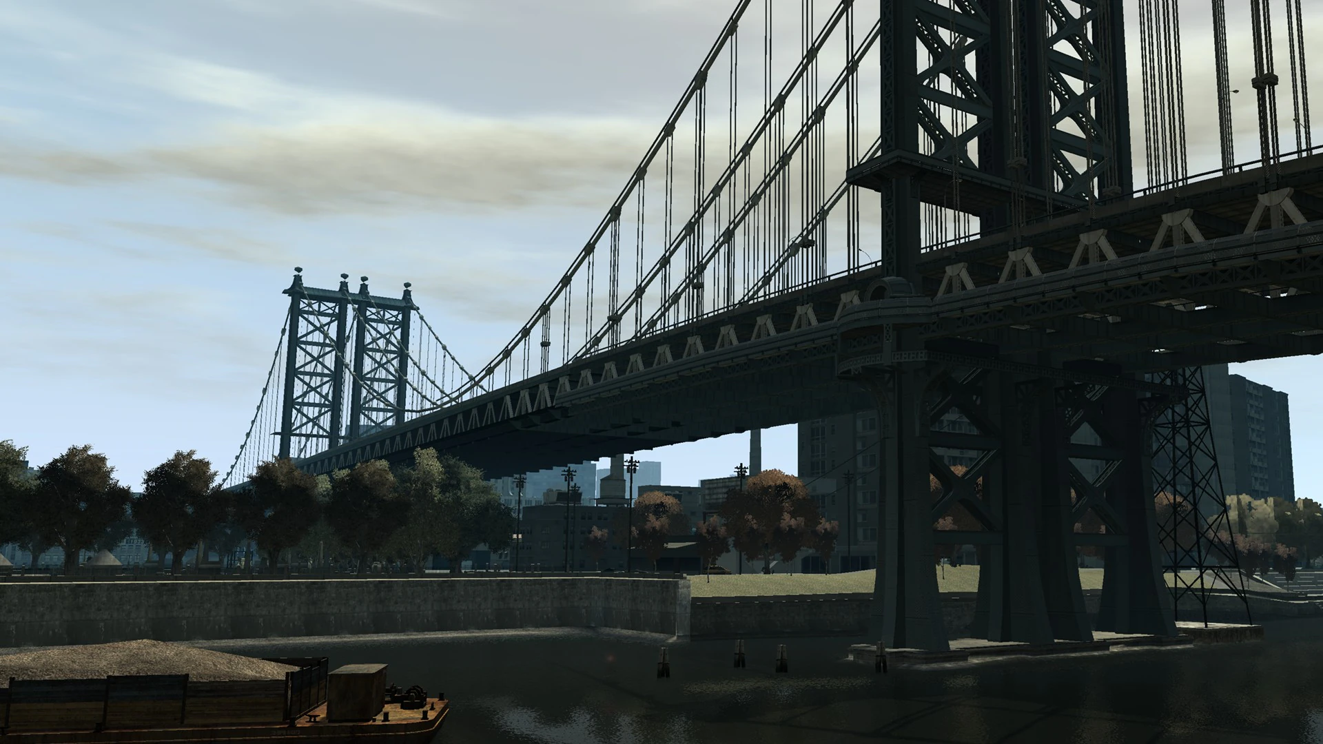 Traffic approaches the Algonquin Bridge during a gray Liberty City morning