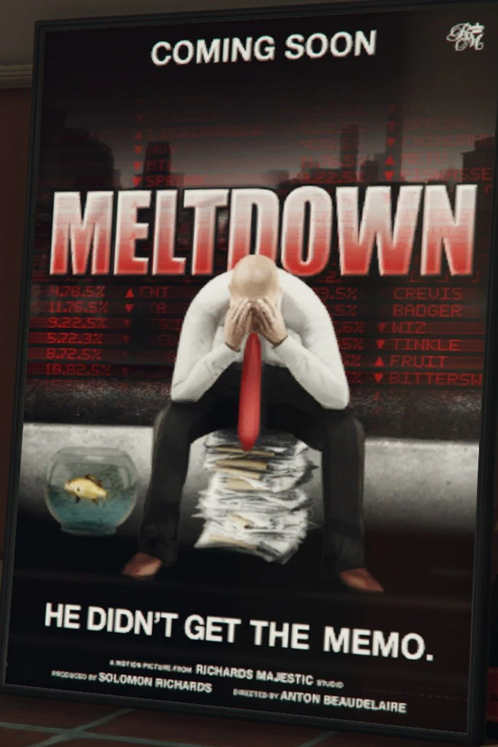 The original Meltdown one-sheet showing a ruined executive beneath a collapsing market board