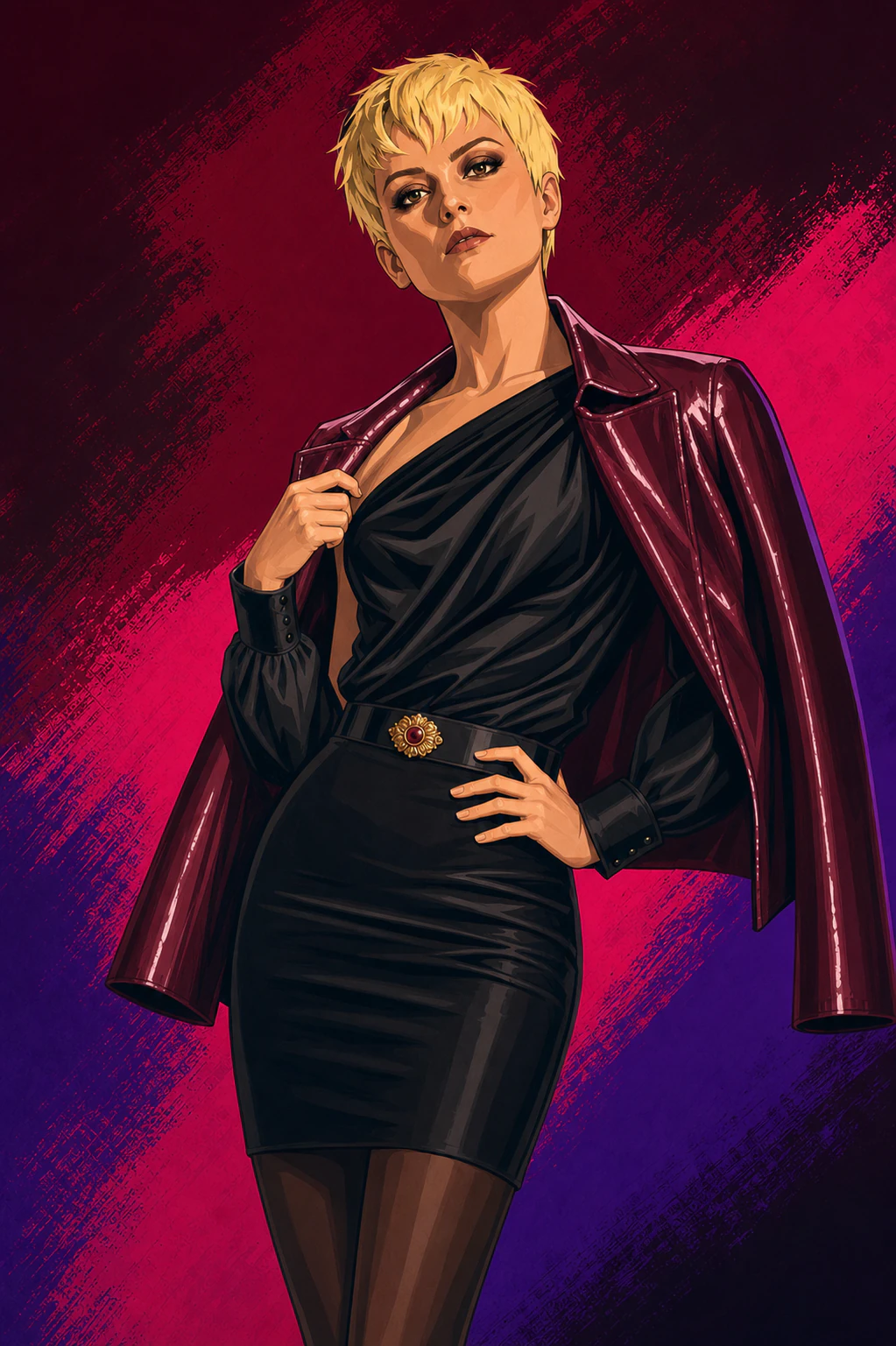 Illustrated portrait of Rachel Love with short blonde hair, a black cocktail skirt, and an oxblood leather jacket