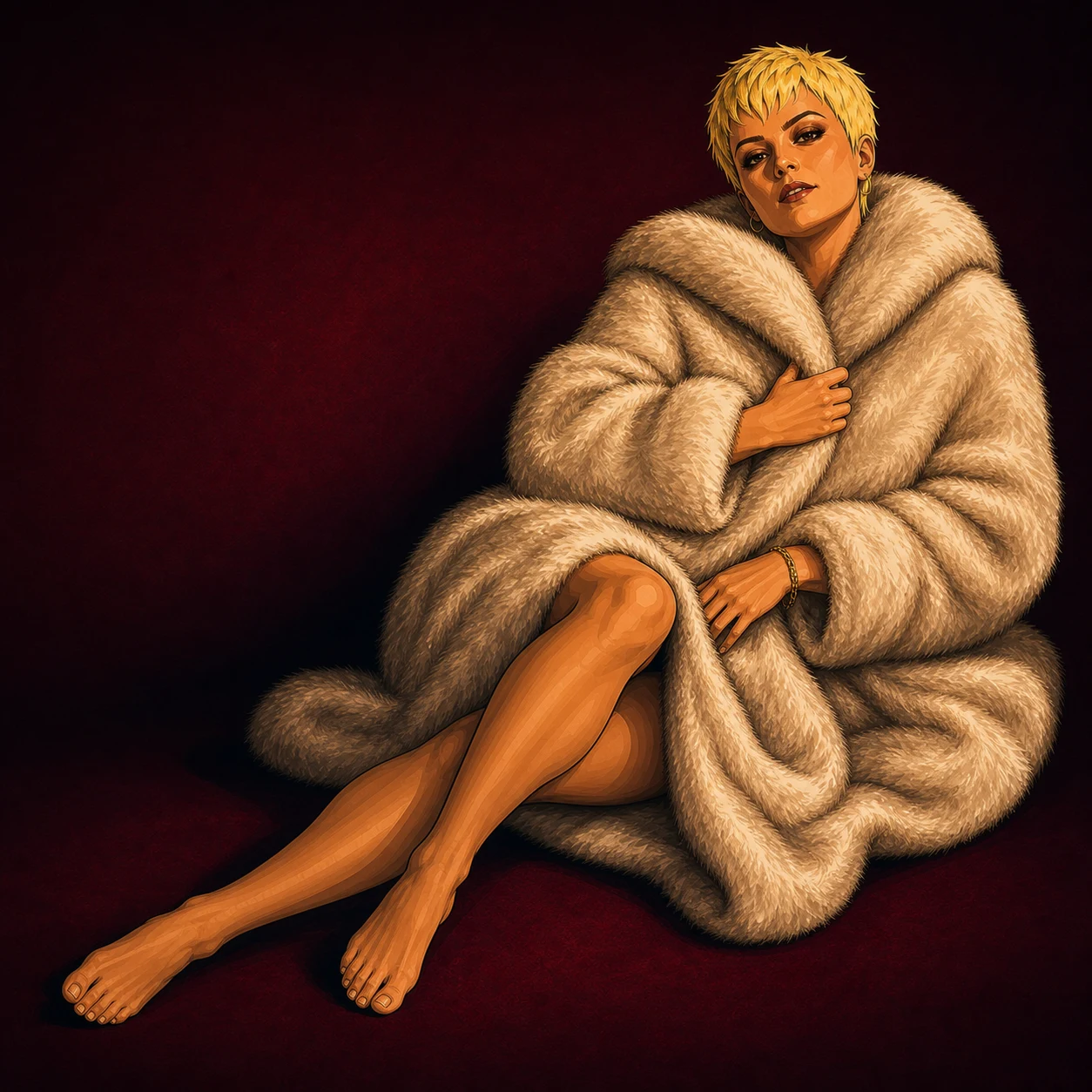 Rachel Love wrapped in champagne fur with bare legs and bare feet