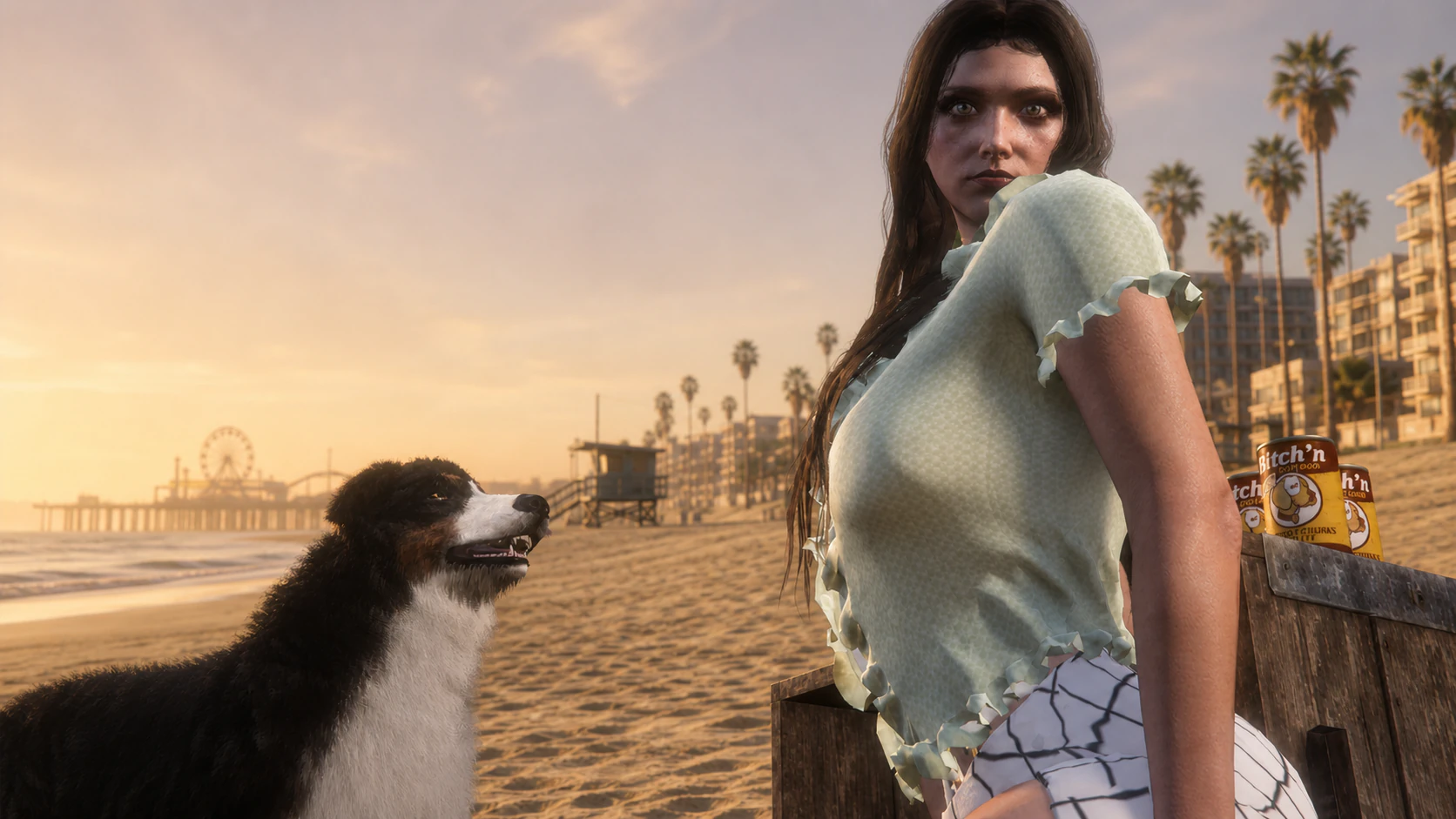 An adult campaign model and Border Collie posing beside a wooden crate of Bitch'N Dog Food cans on a Los Santos beach