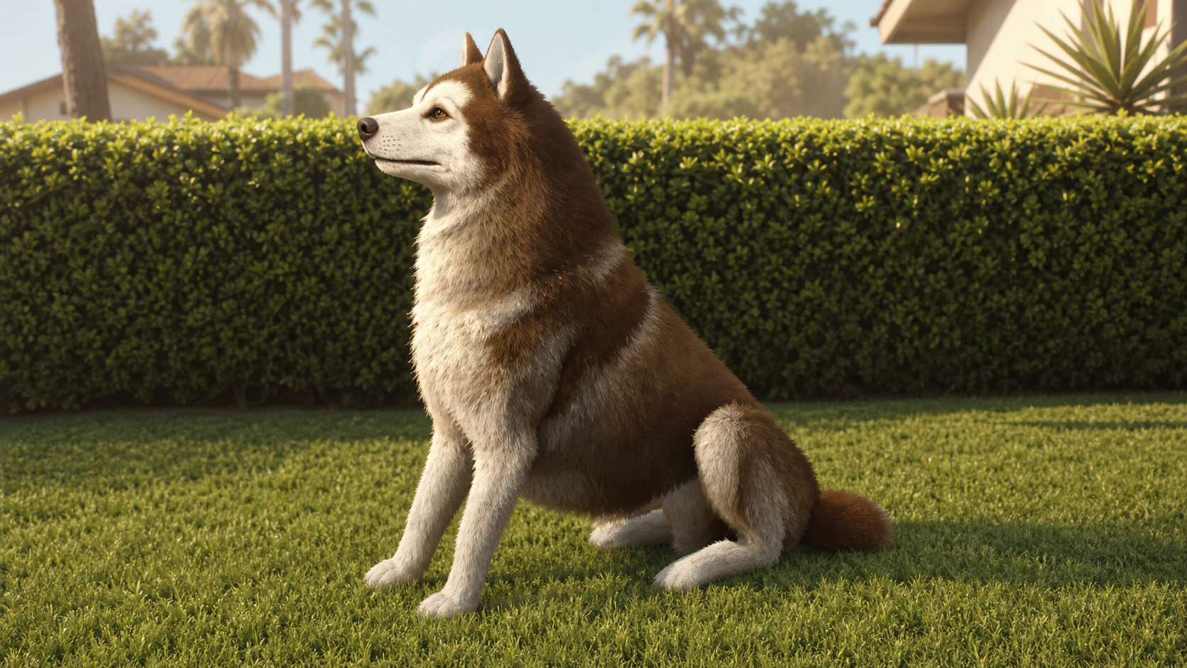 A Husky sitting on a lawn in Los Santos