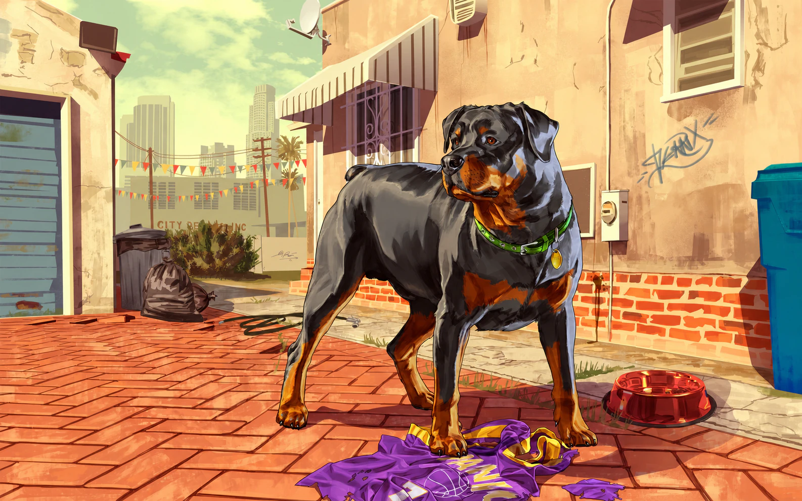 A muscular Rottweiler standing in a Los Santos alley