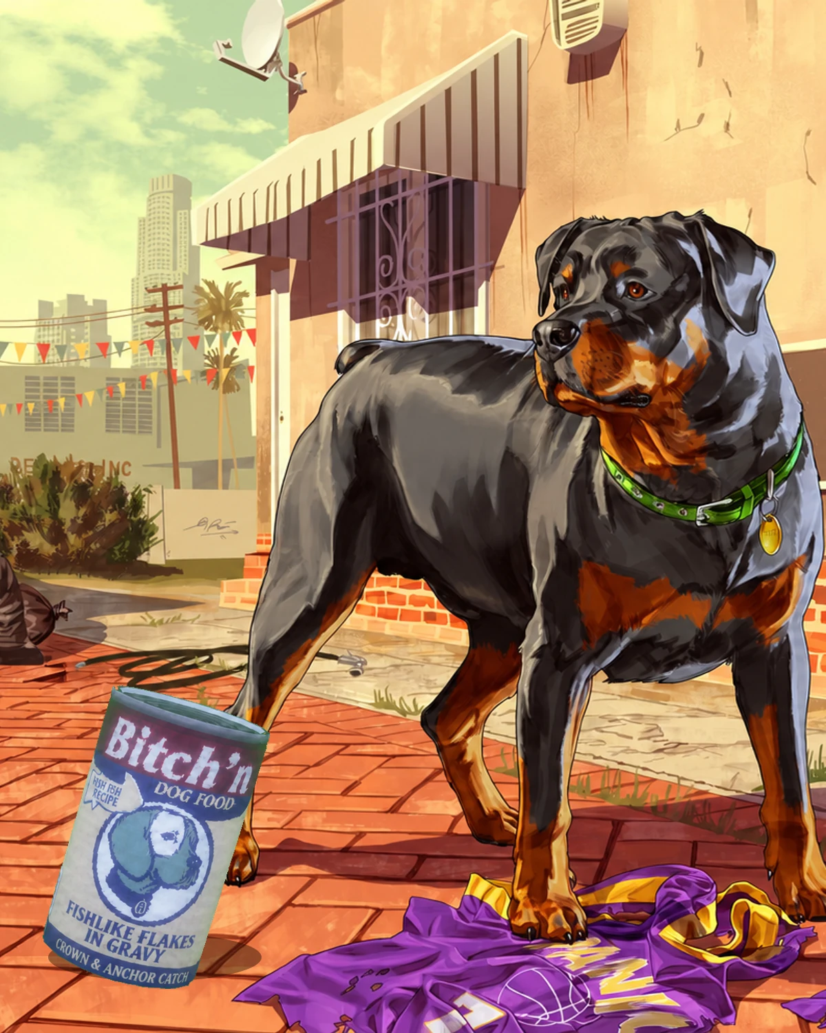 A Rottweiler standing beside a can of Bitch'N Dog Food in a Los Santos yard