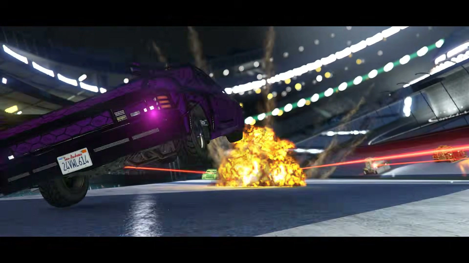 Purple Arena War contender airborne as an explosion erupts inside a packed arena