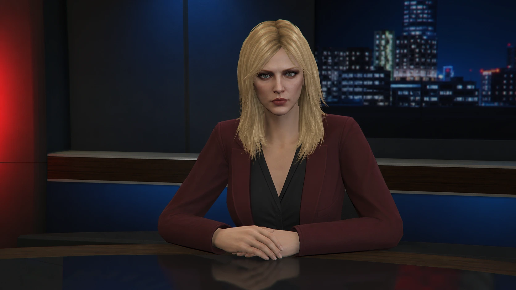 Carcer City News' blonde evening anchor delivering the report in the CCN studio
