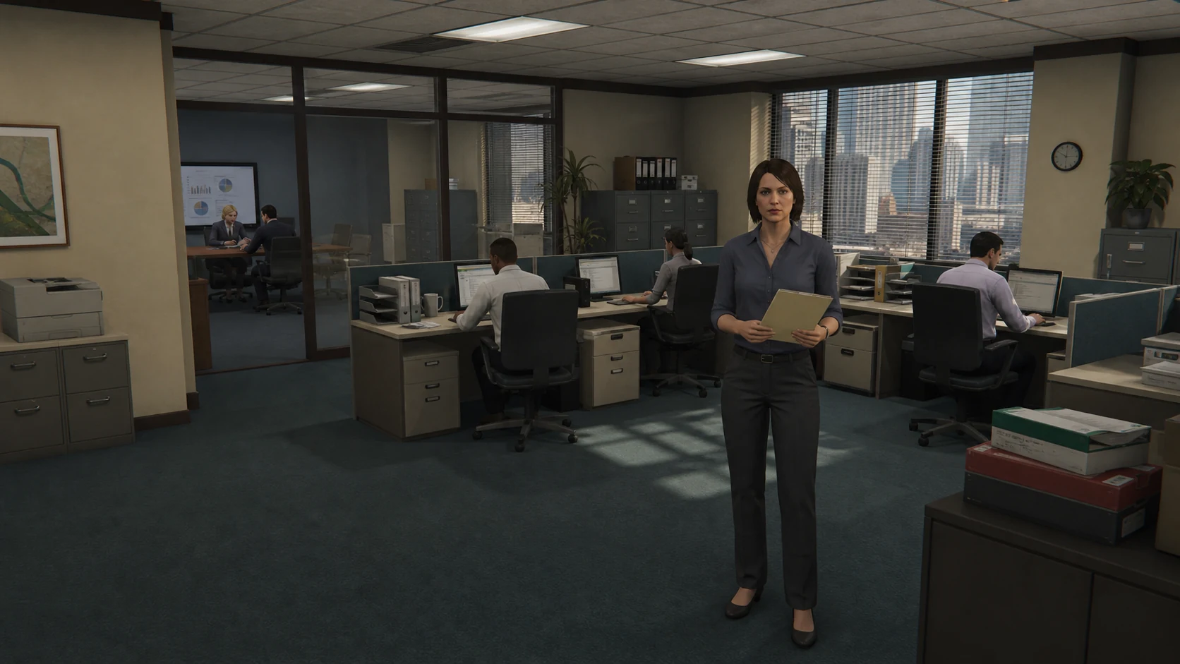 The Consumer Recreation Services working floor in downtown Los Santos, with an office manager and staff at their desks