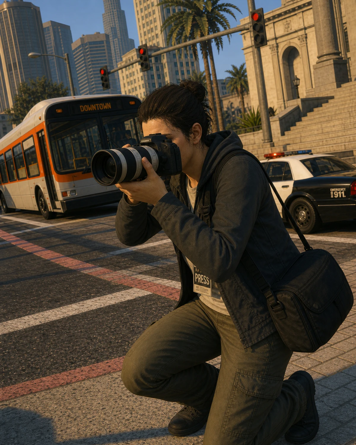 A Daily Rag photojournalist covering a downtown Los Santos incident in warm afternoon light
