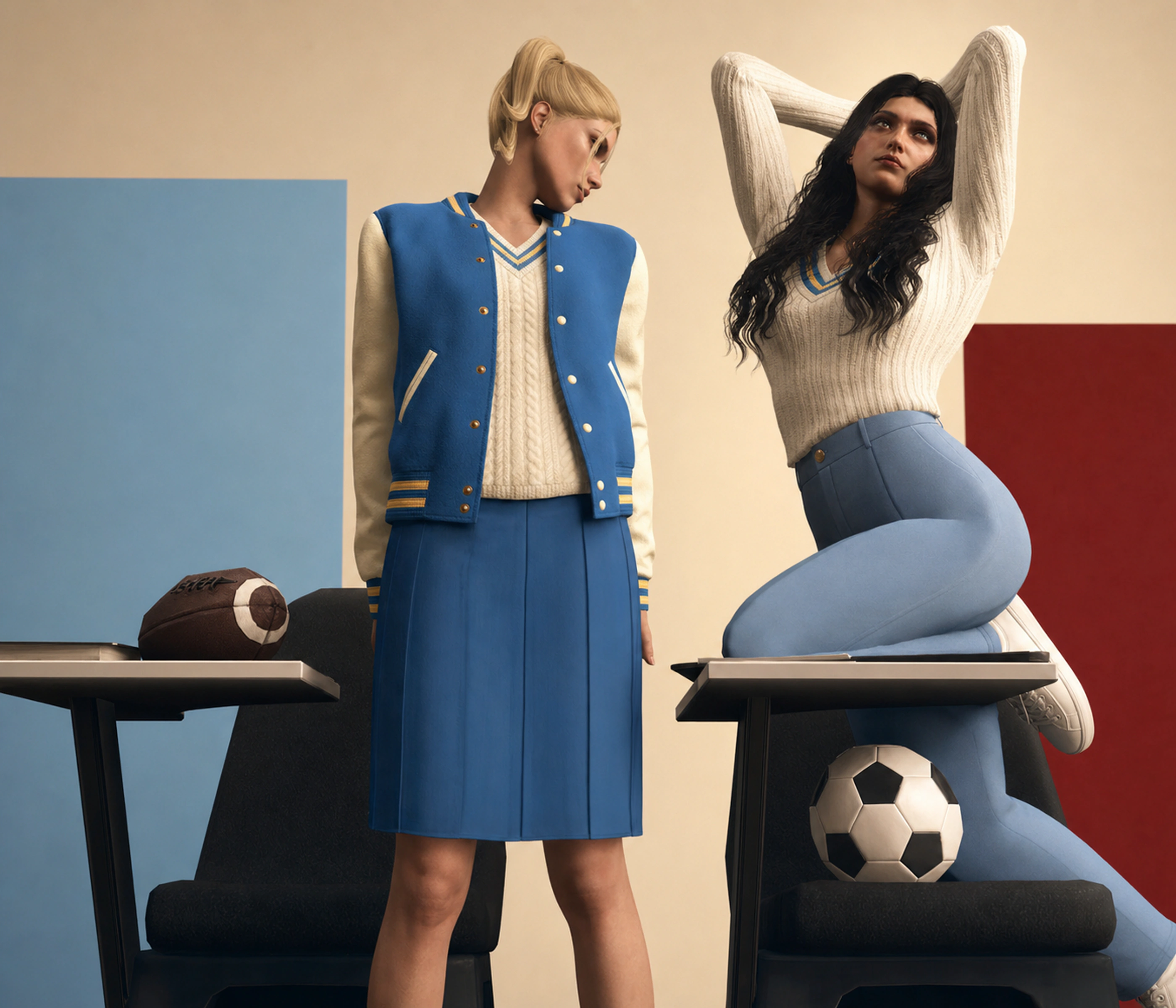 Two fictional adult ULSA alumni in coordinated powder-blue and cream collegiate fashion on a geometric studio set