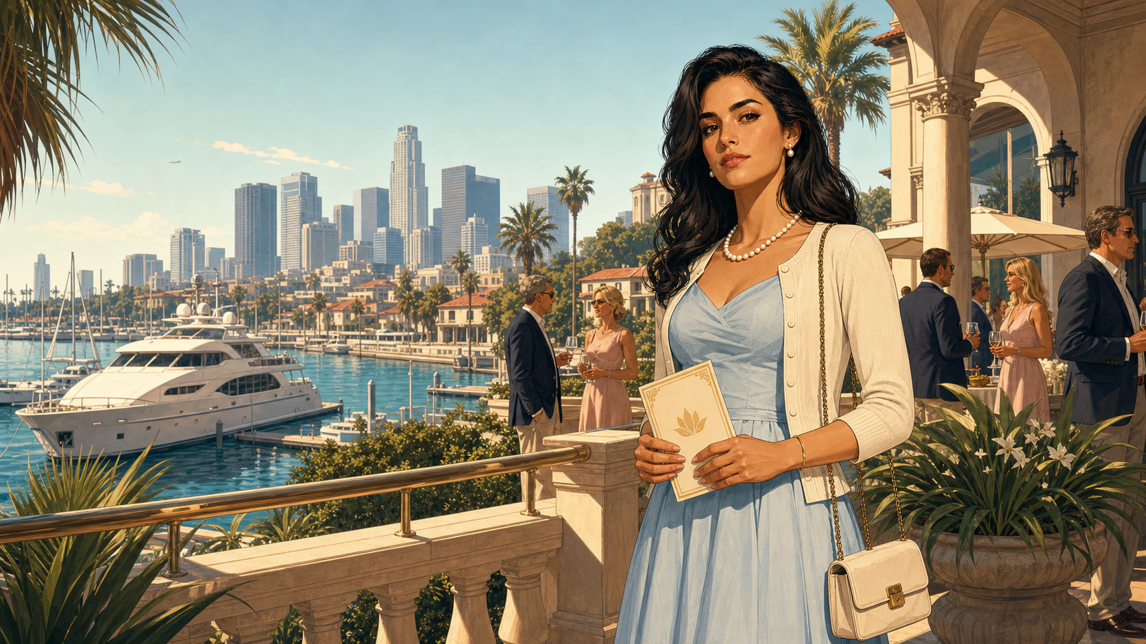 An adult woman in a pale blue dress and white cardigan at a Pacific Bluffs yacht-club reception