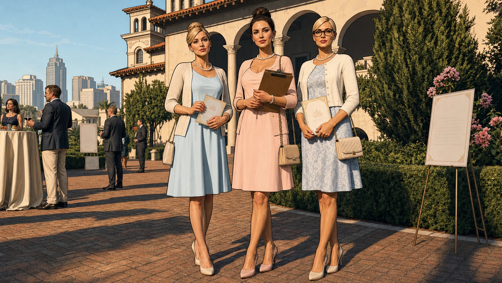 Three adult women in conservative dresses at a Los Santos charity reception