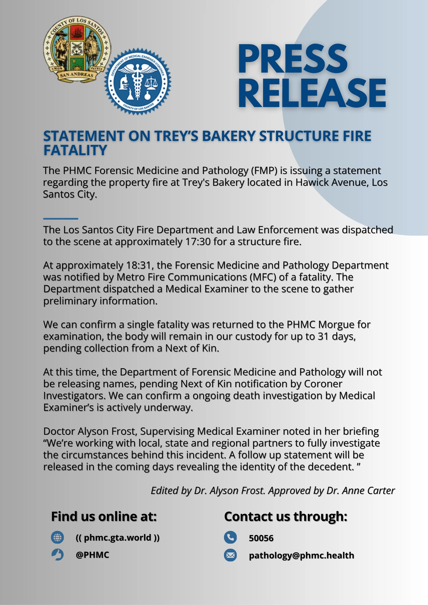PHMC's June 4 statement on the Trey's Bakery structure-fire fatality