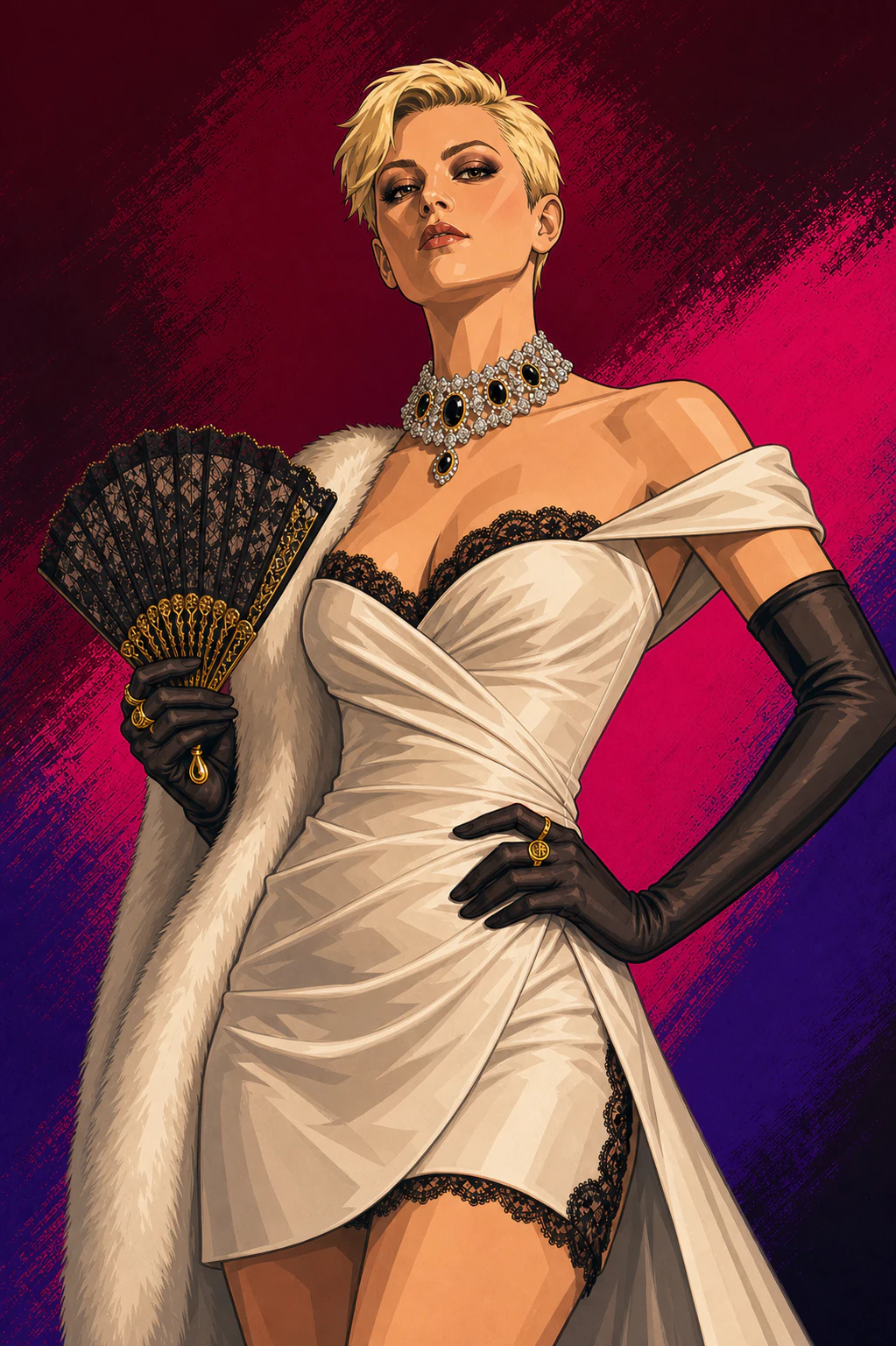 Illustrated portrait of Roxanne Love in ivory satin, black lace, jewels, and opera gloves