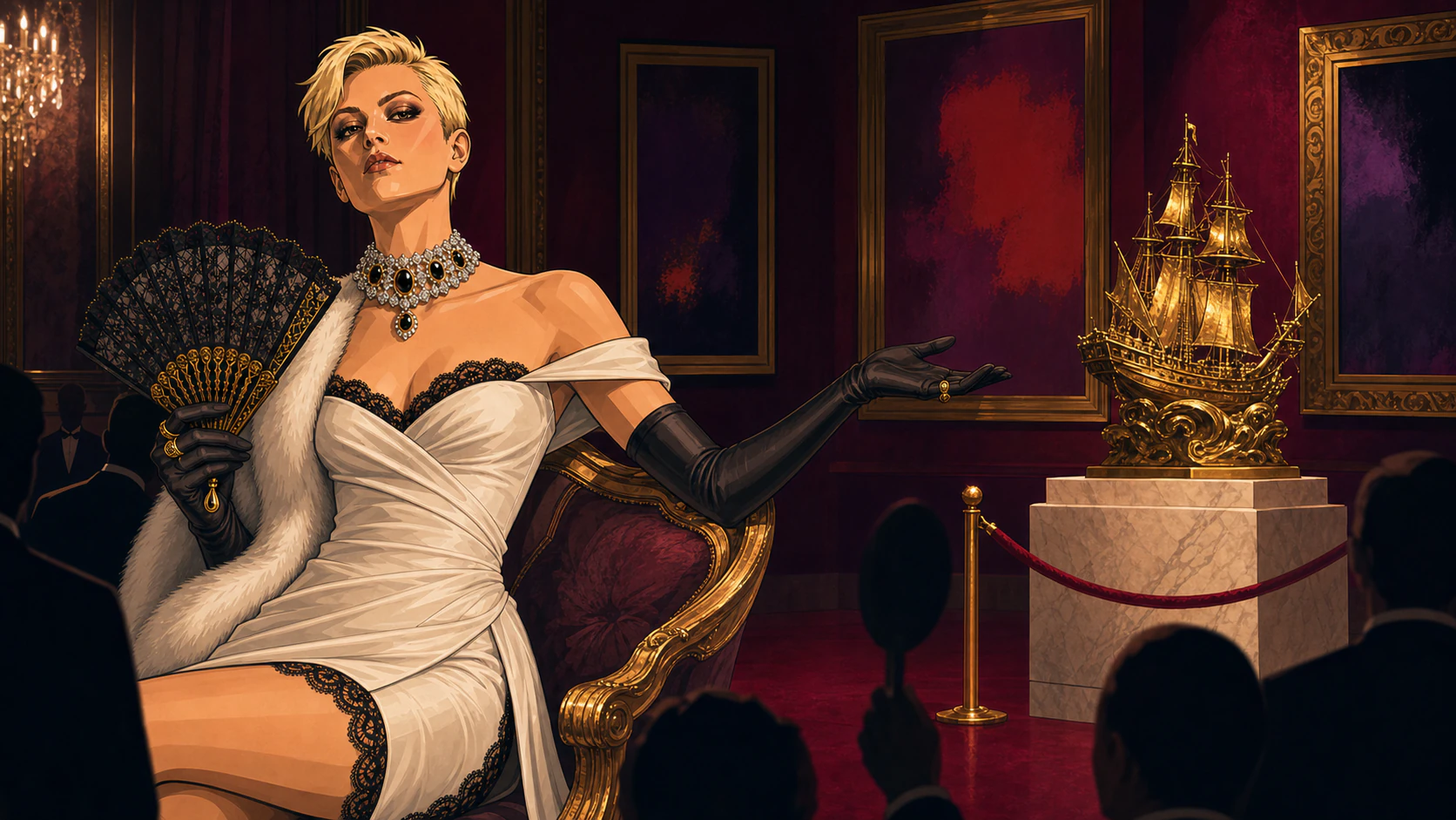 Roxanne Love presenting a private collection in ivory satin and black gloves
