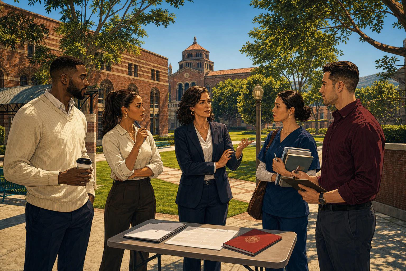 Adult university staff and students meeting on the Los Santos campus