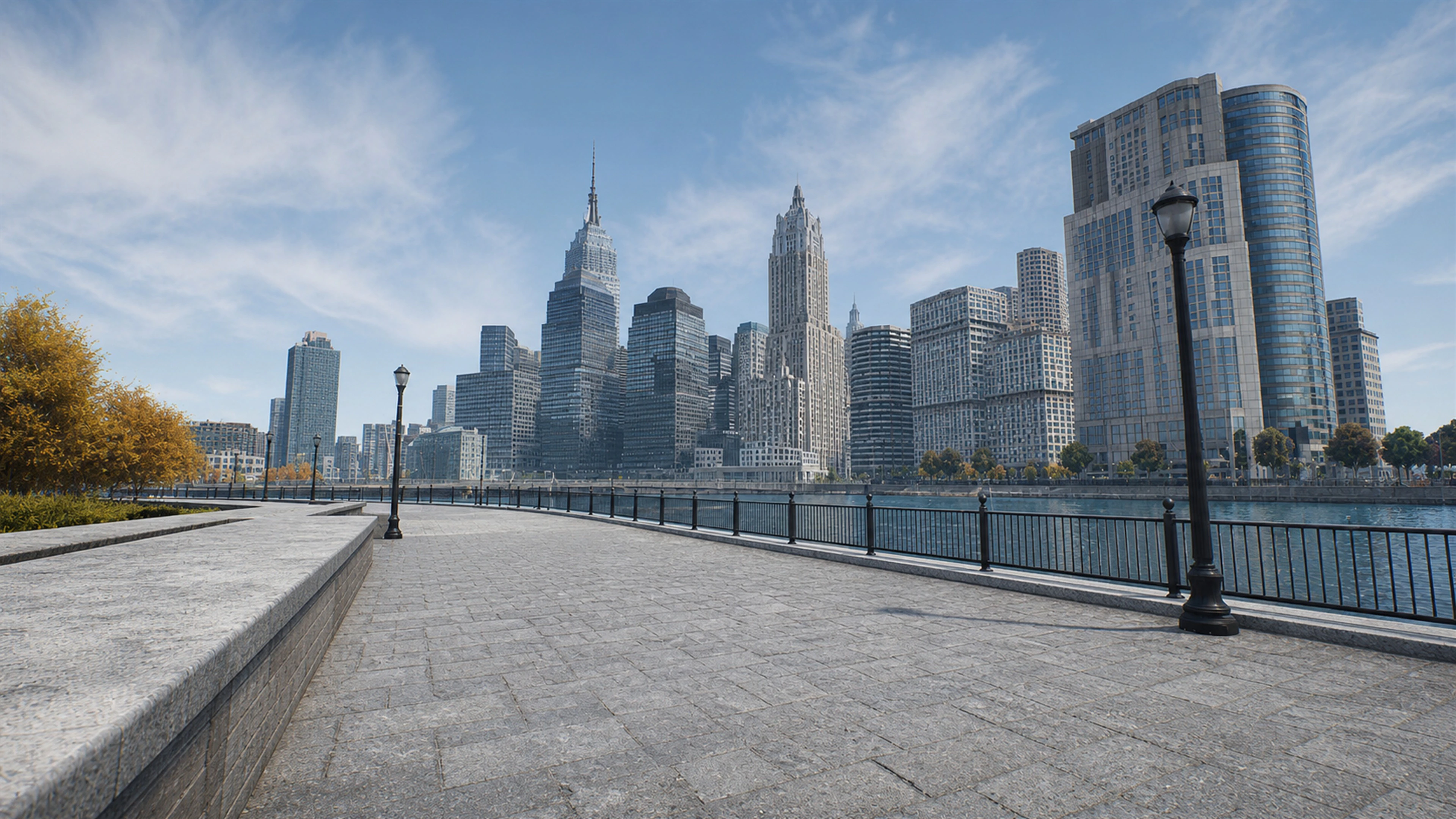 Liberty City's financial district seen from the waterfront in clear morning light