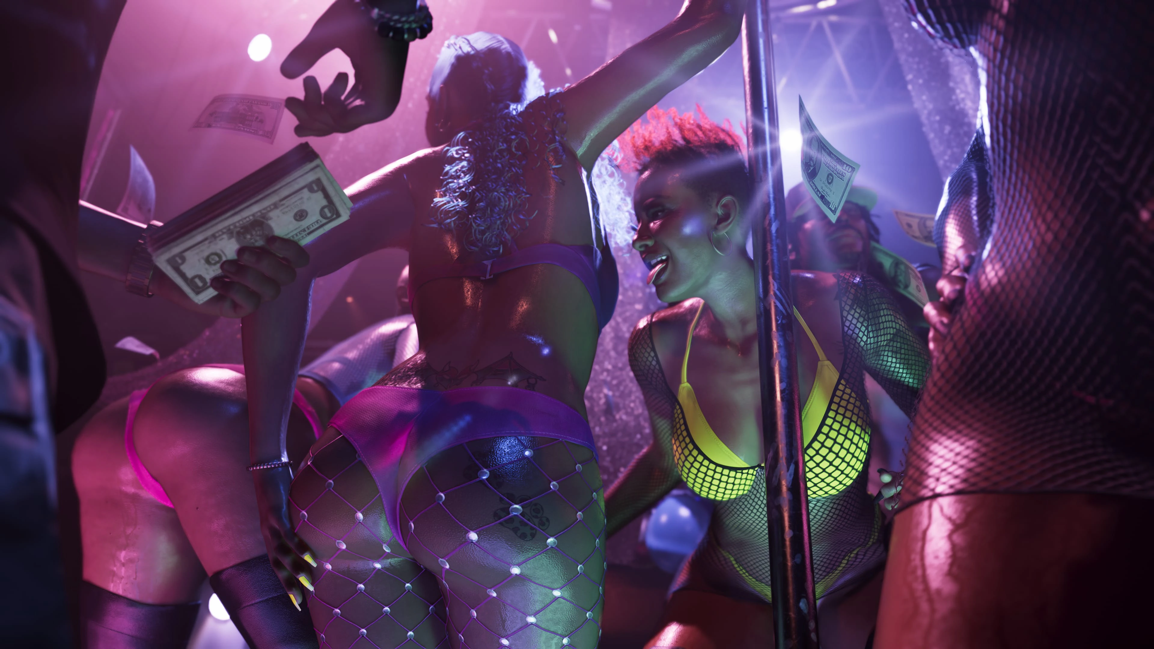 An adult Vice City club floor under saturated violet stage lighting